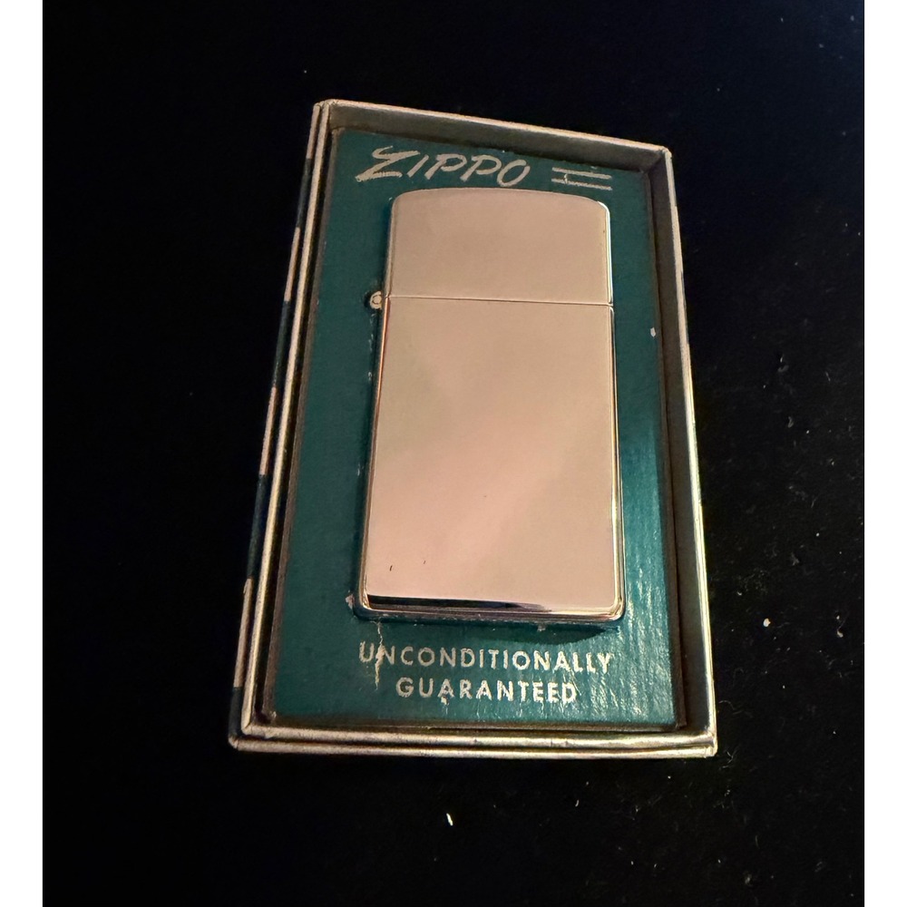 Unfired 1959 Zippo Slim 1610 High Polish Chrome  MINT w blue striped Box